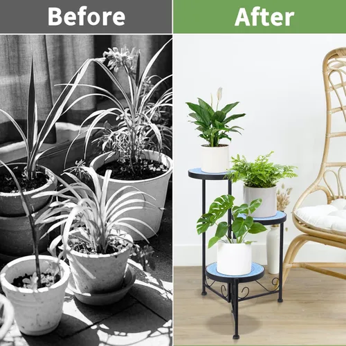 Miniatura 6 de Soporte de cerámica de mosaico de 3 niveles para plantas, soporte plegable de hierro forjado, no requiere montaje, estante para plantas de ahorro