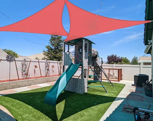Coarbor Toldo parasol triangular de 10 x 10 x 14 pies, para exteriores, patio, terraza, jardín (rojo)