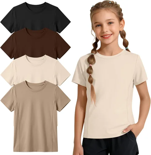 Miniatura 7 de Paquete de 4 camisetas atléticas de manga corta para niñas, de secado rápido, camisetas activas de verano con cuello redondo y ropa deportiva