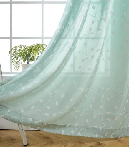 Miniatura 14 de Miuco - Cortinas con ojales de lino sintético, semitransparentes, bordadas con flores, para sala de estar Blanco puro