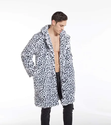 Miniatura 3 de UMREN Abrigos de piel sintética de leopardo para hombre, chaqueta larga de lujo, parka cárdigans