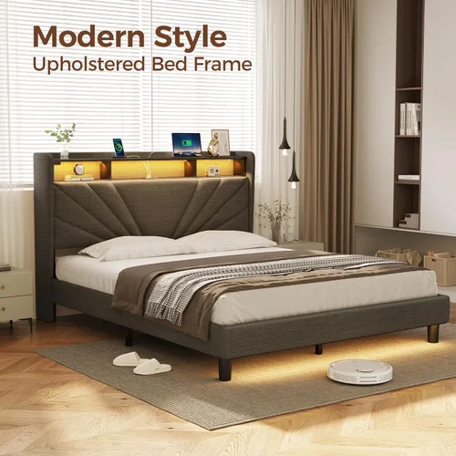 Miniatura 6 de Rolanstar Marco de cama tamaño completo, cabecera con almacenamiento con estación de carga y luces LED, cama tapizada con listones de madera Gris