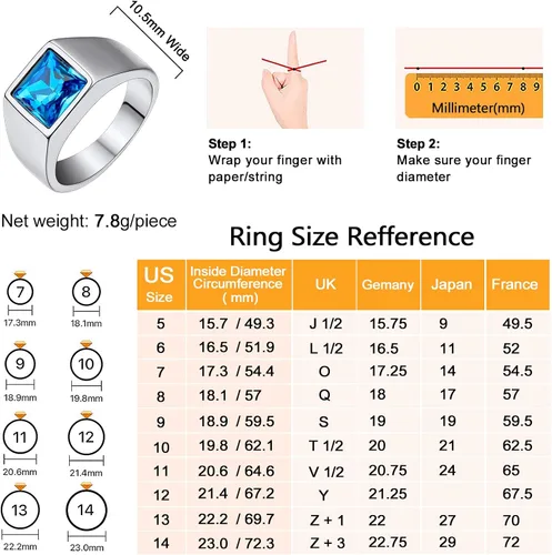 Miniatura 5 de U7 Anillo de joyería de moda de ónix negroazul para hombres y mujeres, anillos de sello cuadrado de acero inoxidable para papá y padre, anillos