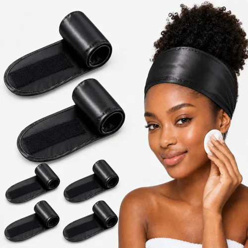 Hercicy 6 paquetes de diadema de satén negro para spa, de seda, ajustable, para el cabello de spa, diadema facial de tela de rizo para mujeres,