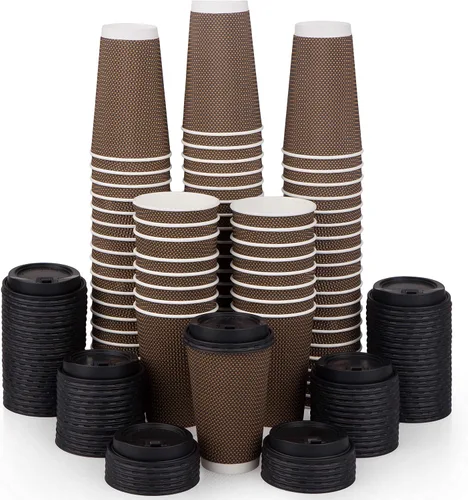 Miniatura 9 de Promora Tazas de café desechables marrones con tapas de 16 onzas, tazas de papel onduladas de papel aislado premium para café caliente