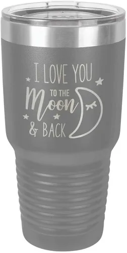 Miniatura 16 de Vaso azul de 30 onzas con popote y tapa superior deslizante con texto en inglés "I love you to the moon and back", taza de viaje de acero inoxidable
