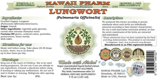 Miniatura 2 de Hawaii Pharm Lungwort Extracto líquido sin alcohol, grado profesional, pulmonaria lote pequeño (Pulmonaria officinalis), glicerita de hoja seca, 32