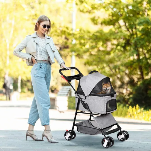 Miniatura 2 de ZENY Cochecito para mascotas, cochecito plegable 3 en 1 para perros y gatos con 4 ruedas, cesta desmontable y soporte para tazas, transportador Gris
