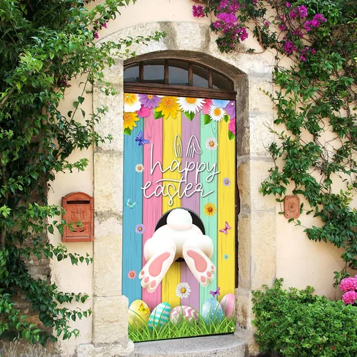 Miniatura 5 de Cubierta de puerta de Pascua, decoración de conejo, huevo y conejo, decoración de margaritas, pancarta de puerta, decoración de granja