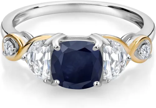 Miniatura 3 de Anillo de compromiso de 3 piedras de plata 925 y oro amarillo de 10 quilates, zafiro, media luna, moissanita y diamante cultivado en laboratorio