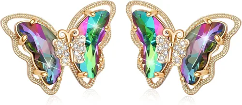 Busycon - Aretes de mariposa para mujer, aguja plateada 925, cristales brillantes y piedras preciosas de mariposa, aniversario, cumpleaños, joyería
