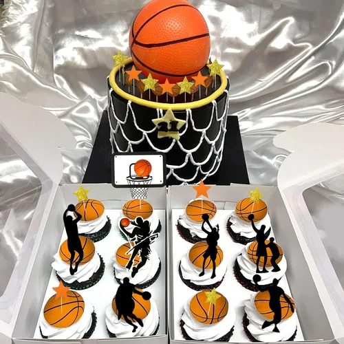 Miniatura 6 de 29 adornos de baloncesto para tartas de baloncesto con bolas doradas de estrella para cumpleaños de hombres