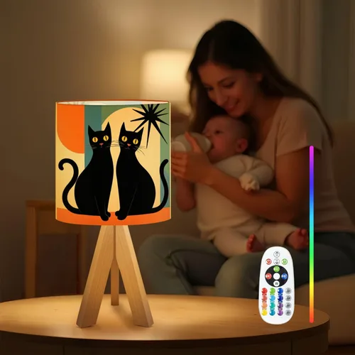 Miniatura 4 de Tripod Table Lamp Mid Century Modern Black Cat Retro Atomic Halloween Bedside Lamps Small Lamp Nightstand Lamp with Linen Lampshade Table Lamps for