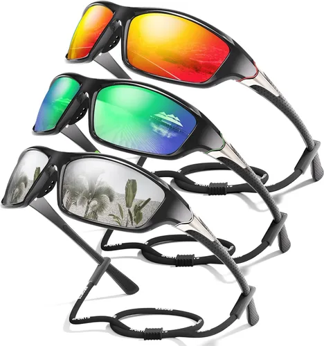 Miniatura 15 de Paquete de 3 lentes de sol deportivos polarizados para hombres, gafas de sol masculinas envolventes con protección UV para ciclismo, pesca