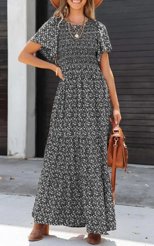 Miniatura 3 de PRETTYGARDEN - Vestido largo casual de verano para mujer, manga corta acampanada, bohemio, floral, cuello redondo, vestido blusón, escalonado
