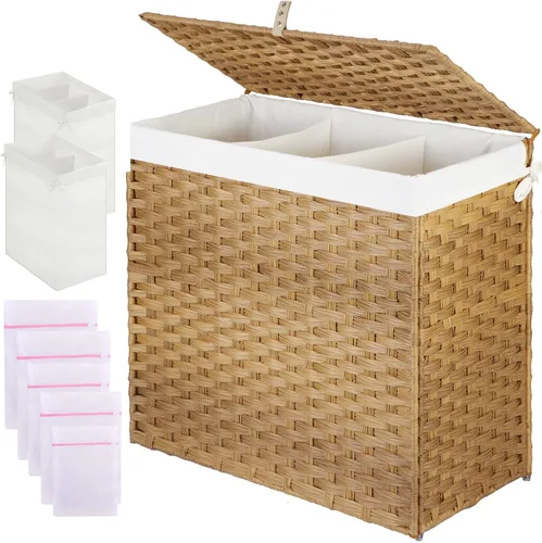 Miniatura 11 de Greenstell Cesta de ropa sucia con tapa, cesta grande de ropa de 125L con 3 secciones y bolsas de forro extraíbles de 2 secciones y 5 bolsas de Negro