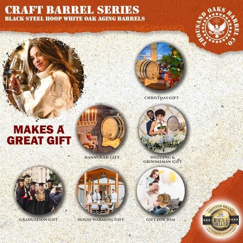 Miniatura 7 de Barril de envejecimiento de 1 galón de roble (5 litros) con soporte, tapón y canilla - Mini barril de madera para whisky - Barriles de roble
