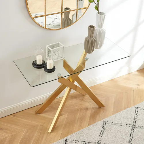 Miniatura 3 de Mesa consola moderna de patas cruzadas con vidrio templado de 0.315 pulgadas, mesa de entrada geométrica dorada para sala de estar y dormitorio, 45