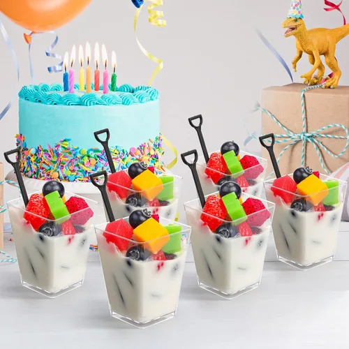 Miniatura 6 de Cunhill 100 tazas cuadradas de postre con 100 cucharas de postre en forma de pala, tazas de plástico transparente para aperitivos con tapas, mini