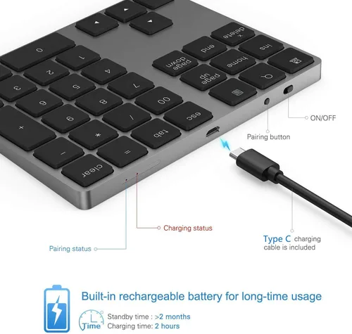 Miniatura 3 de Teclado Numérico Bluetooth, Lekvey Teclado Numérico Inalámbrico Recargable de Aluminio Delgado de 34 Teclas Teclado Numérico Externo Entrada