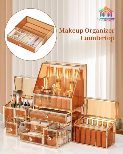 Miniatura 2 de Youdepot Organizador de maquillaje extra grande, almacenamiento de cosméticos de vidrio con cajones, organizador apilable de maquillaje y joyas