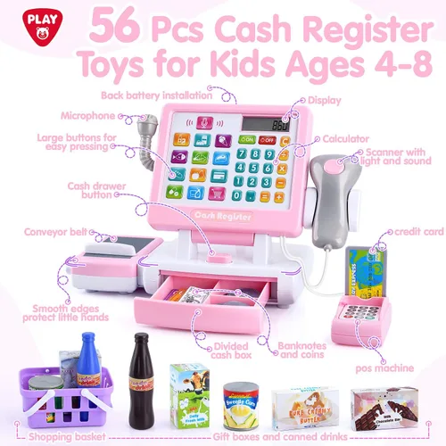 Miniatura 2 de PLAY Caja registradora de juguete para niños - Juguetes de simulación de calculadora con micrófono/transportadores/dinero de juguete/escaner/tarjeta