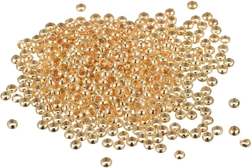 Miniatura 32 de uxcell 1000 cuentas redondas de engarzado, cuentas espaciadoras de extremo de crimpado de 0.079 pulgadas, pequeños topes para hacer pulseras y Oro