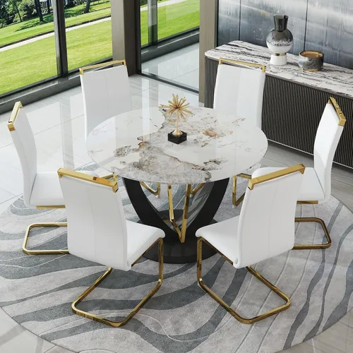 Miniatura 52 de JUFU Juego de mesa de comedor redonda para 4, mesa de comedor de 48 pulgadas con mesa de mármol sintético y 4 sillas tapizadas, moderno juego