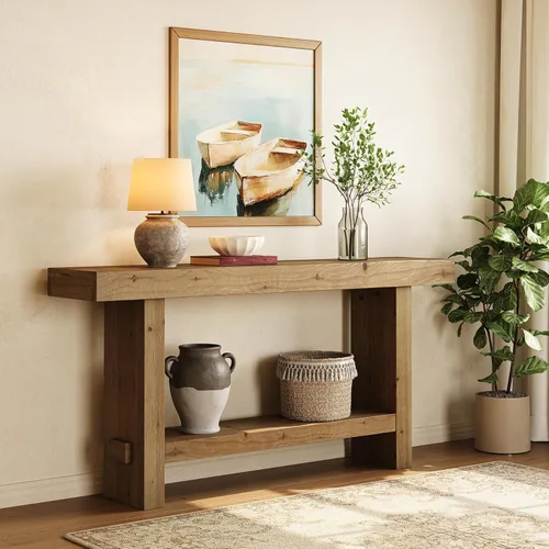 Miniatura 6 de Mesa consola de madera maciza de 63 pulgadas, mesa de entrada estrecha con estante de almacenamiento de 2 niveles, para pasillo, entrada, sala