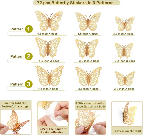 Miniatura 2 de Crosize - 72 piezas de decoraciones de mariposas doradas, 3 tamaños, 3 estilos, decoración de pared de mariposas 3D, decoraciones para fiestas