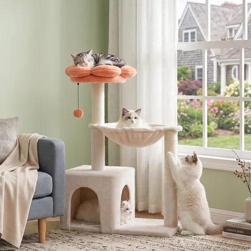 Miniatura 6 de Árbol de flores para gatos de 34 pulgadas, torre pequeña para gatos grandes, con hamaca grande de 15.7 pulgadas, cama superior extraíble
