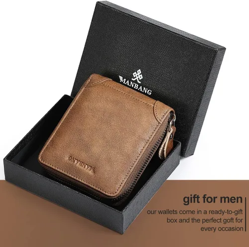 Miniatura 5 de MANBANG Cartera de piel auténtica para hombre con bloqueo RFID con cremallera Hecho a mano caqui