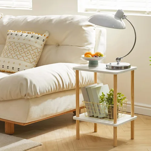 Miniatura 2 de IBUYKE Mesa auxiliar de 2 niveles, mesa auxiliar alta de madera maciza con estantes de almacenamiento, mesita de noche para sala de estar, Blanco