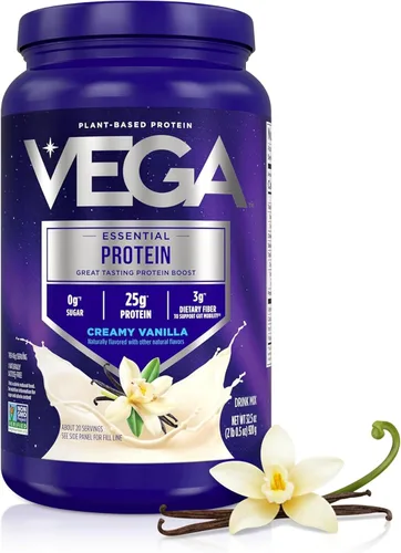 Vega Original Essential Protein - 25g de proteína vegetal, vainilla cremosa, 20 porciones, mezcla para bebida vegana sin OMG, lista para batidos y