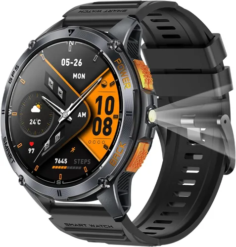 Yihou Reloj inteligente militar para hombre, reloj de fitness, rastreador de actividad física con brújula GPS, linterna con monitor de frecuencia
