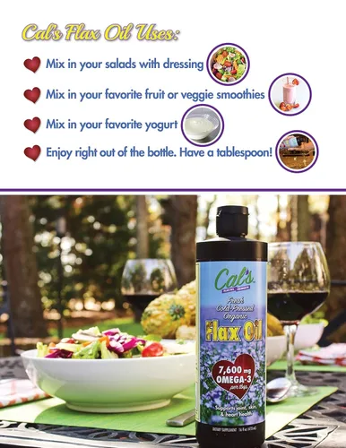 Miniatura 5 de Cal's Aceite de lino, linaza prensada en frío, alto en ácidos grasos omega-3, aceite de linaza sin refinar, suplemento líquido de aceite esencial