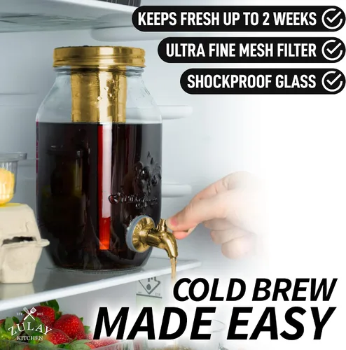Miniatura 4 de Cafetera de infusiones en frío de 1.5 litros de Zulay Kitchen con jarra de vidrio EXTRA GRUESA y filtro de malla de acero inoxidable, cafetera