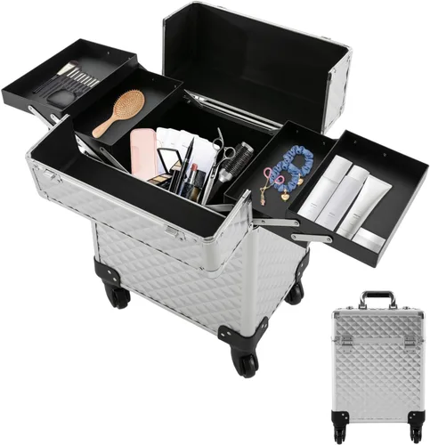 Miniatura 18 de Estuche de maquillaje con ruedas para cosméticos, carrito grande para cosméticos con cerraduras, organizador de almacenamiento de cosméticos, Negro