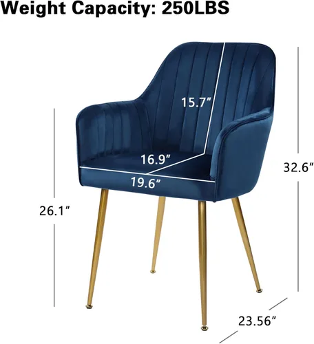 Miniatura 2 de Juego de 2 sillas de comedor de terciopelo, sillas decorativas tapizadas con patas chapadas en oro para sillas de sala de estar (azul)