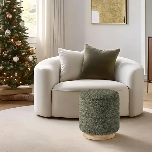 Miniatura 4 de Get Set Style Otomana redonda con almacenamiento, taburete otomano moderno Boucle tapizado con base de madera, silla de tocador, reposapiés, asiento
