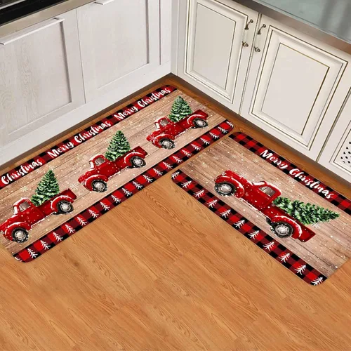 Miniatura 2 de Juego de 2 alfombras de cocina con camión rojo, árbol de Navidad rojo sobre tablero de madera retro, antideslizante, cómodo, tapete de pie