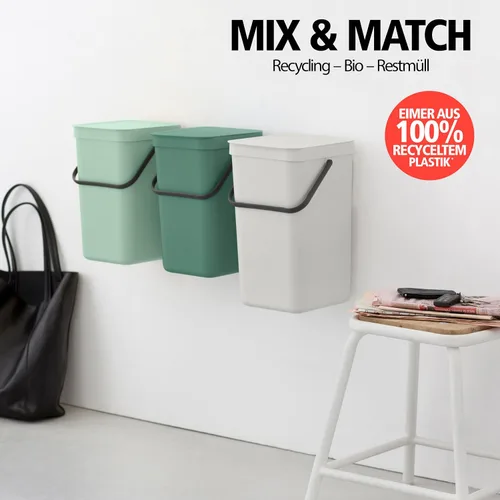 Miniatura 5 de Brabantia Sort & Go Cubo de Reciclaje 3.2 Galones (Verde Jade) Cubo de Basura de Plástico Eficiente en Espacio con Asa, Tapa Removible y Que