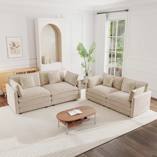 Miniatura 13 de mikibama Juego de sofá biplaza y sillón de lujo de 2 piezas, moderno juego de sofás nube tapizados de chenilla con 5 almohadas para sala de estar