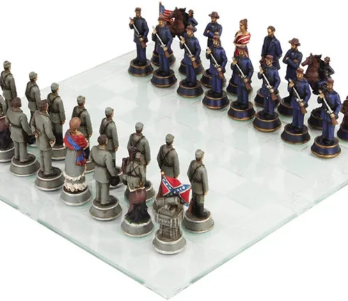 Miniatura 2 de Pacific Giftware Juego de ajedrez con temática de soldado de la Guerra Civil con tablero de cristal, coleccionable histórico, multicolor