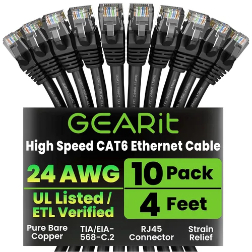 GearIT cable Ethernet de 0.5 pies Cat6 - Cable para computadora a red LAN, color negro, Negro