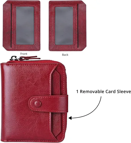 Miniatura 4 de Carteras pequeñas para mujer, con bloqueo RFID, de cuero, con cremallera, bolsillo para monedas, tarjetero, con ventana de identificación, Rojo vino