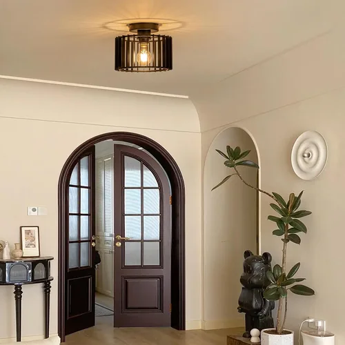 Miniatura 3 de Zlepmlla Lámpara de techo industrial con jaula de hierro negro, montaje empotrado, 9 pulgadas de diámetro, lámparas de techo modernas para pasillos