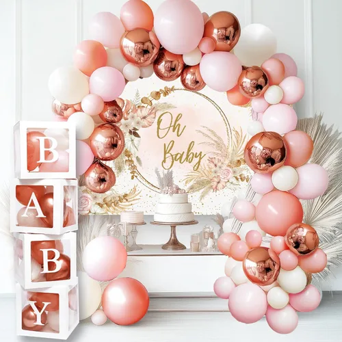 Vidal Crafts - Juego de 136 decoraciones bohemias de baby shower rosa para niña, juego de decoraciones de baby shower con letrero de Oh Baby para