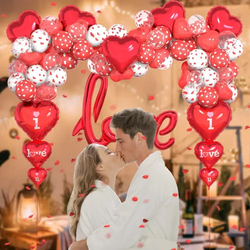 Miniatura 5 de Kit de globos para el día de San Valentín, globos con texto en inglés "I Love You", globos de corazón blanco y rojo, pétalos de rosa para el día