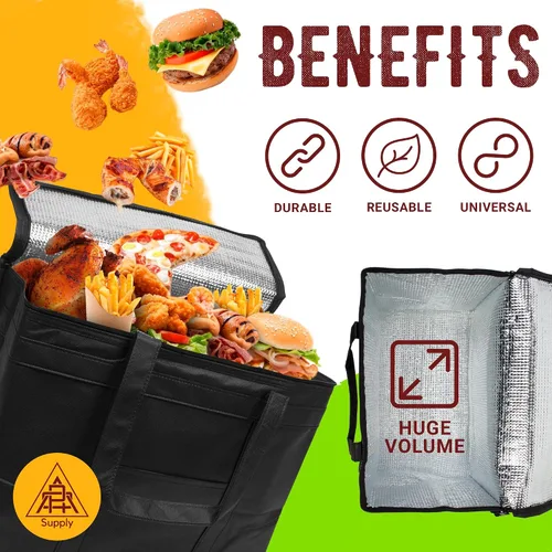 Miniatura 5 de APQ Supply Bolsa de entrega de alimentos aislada negra, bolsas de comestibles aisladas con cierre superior, bolsa de catering para entregas